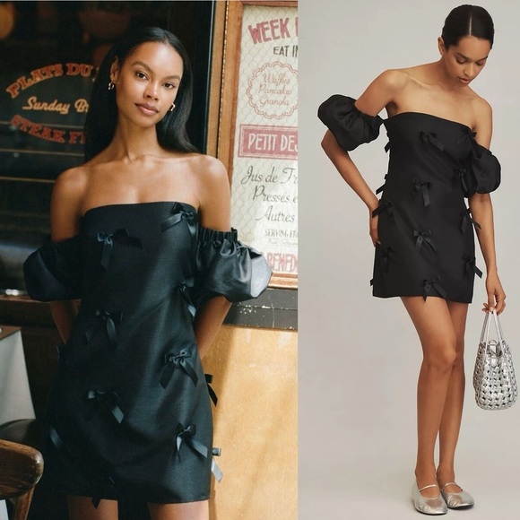 NEW! Anthropologie x Hutch- Off-The-Shoulder Bow Mini Dress Black Size Small - Picture 1 of 11